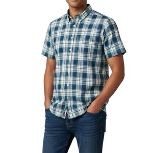Tommy Hilfiger Mens Short Sleeve Button Down Shirt Cotton Blue Green Plaid Small